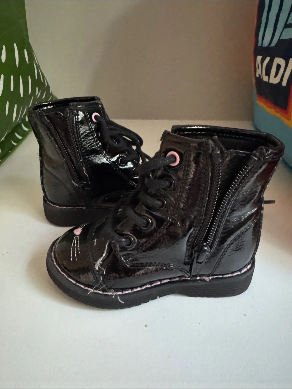 The Children's Place Black Patent Lace-Up Boots with Pink Heart Detail